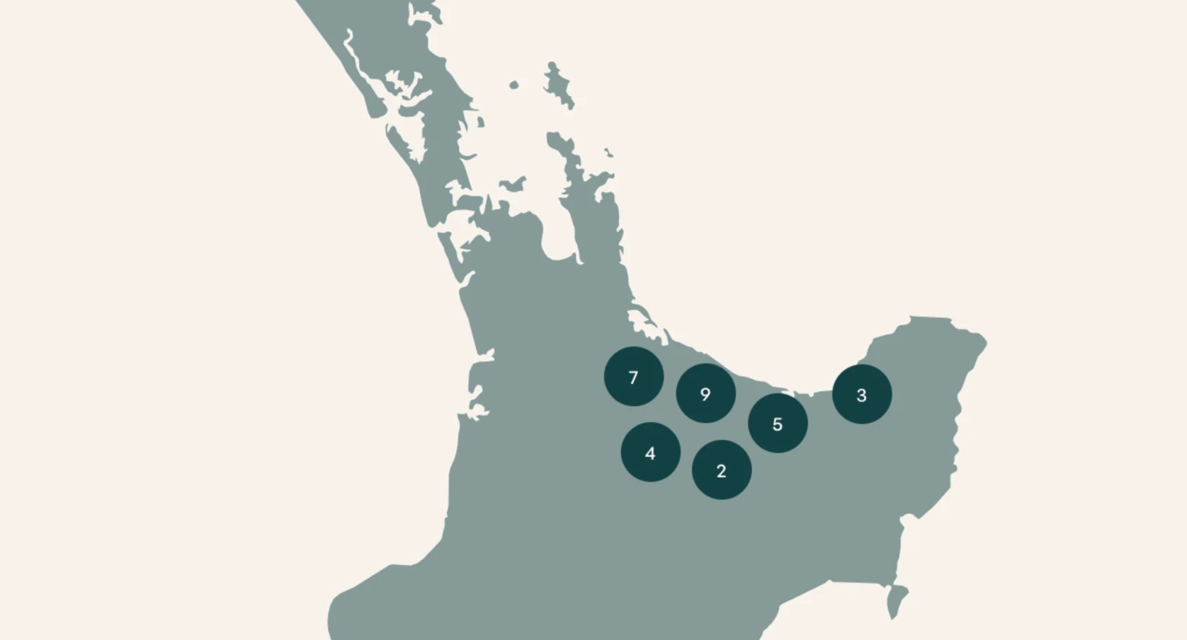 Map of the Bay of Plenty showing Baygold's owned and managed kiwifruit orchards